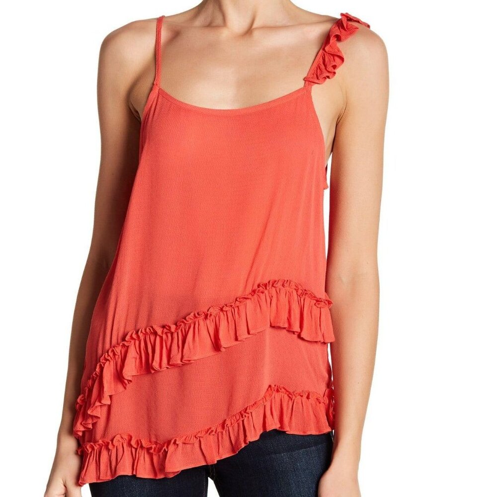Ro + De coral orange asymmetric ruffle trimmed camisole tank top medium MSRP 78